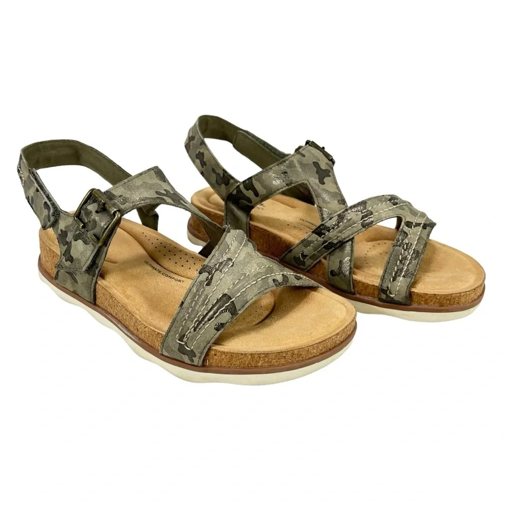 Clarks Women 7.5M Brynn Step Olive Camo‎ Leather Ultimate Comfort Sandals Shoes - Picture 3 of 12
